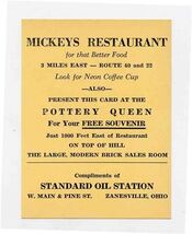 Mickey's Restaurant Pottery Queen Standard Oil Station Ad Card Zanesvill... - $11.88