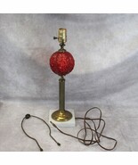 Ruby Red Globe Brass  Pillar Table Lamp  White Marble Base  Vintage - $98.10 CAD