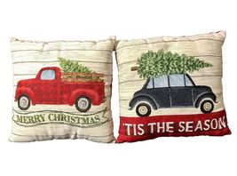 Set Of 2 Christmas Tapestry Throw Pillows Red Truck 15” Tree Accent Holiday - $530.14 MXN