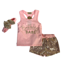 Catpapa Girls 3 Piece Shorts Tank Set Pink Gold Sequin Birthday Babe 12-18 M New - £15.17 GBP