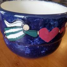 Hand Painted Stoneware Bowl or Planter, 6", Blue, Red Heart and Angels, Folk Art image 11