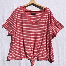 Lane Bryant Size 26/28 Pink White Striped Waffle V-Neck Tie Front Knit T-Shirt - £15.56 GBP