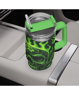 Green Flamed Skull Tumbler 40oz /  Car Tumbler / Free Ship - $52.02 CAD