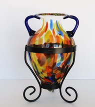 Vintage multi color art glass vase in metal holder - $49.99