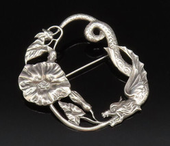 SADIE GREEN 925 Silver - Vintage Etched Fire Dragon &amp; Flower Brooch Pin - BP9929 - £68.43 GBP