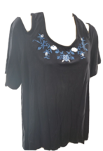 Karen Kane Womens Blue Floral Cold Shoulder Black Short Sleeve Casual Top LARGE - £31.34 GBP