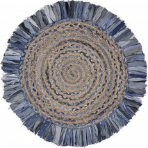 66 x 66 in. Denim Blue &amp; Natural Jute Round Swirl Fringed Rug - £104.00 GBP