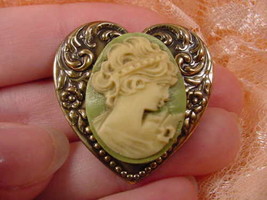 (CS39-2) Woman Lady ivory + lime green CAMEO heart brass Pin Pendant brooch - £22.78 GBP