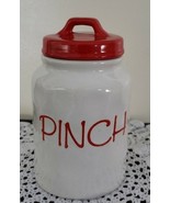 &quot;Pinch&quot; Ceramic/Glass Jar w/Lid ~ Red &amp; White Colored 3.75&quot; Dia x 6.25&quot; ... - €25,68 EUR