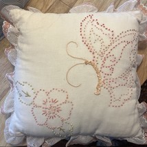 Butterfly Flower Needlepoint Decorated Pillow Granny Cottage Core Ivory Coral - £19.44 GBP