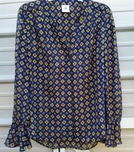 CAbi 3772 Blouse Blue Yellow Mosaic Sheer Long Sleeve Ruffle Cuff Size S - £16.55 GBP