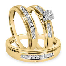 14K Yellow Gold Over 0.30 Ct White Diamond Trio His &amp; her Wedding Ring Set - £101.89 GBP