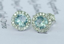 2Ct Brillante Redondo Corte Aguamarina Halo Tuerca Pendientes En 14K Oro Blanco - £71.83 GBP