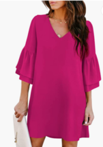 NWT Belongsci Women Sz S Midi Dress Bright Pink 3/4 Ruffle Sleeve VNeck - £29.25 GBP