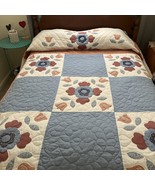 Amish Handmade Appliqued Quilt Bedspread Floral Blue &amp; Pearl Dutch Rose ... - $494.99