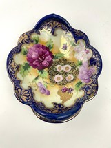 Antique Hand Painted Porcelain Plate With Handles Floral Design Gold Accent VTG - £28.23 GBP