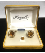 SHIELDS Cufflinks &amp; Tie Pin Genuine Tiger Eye GoldTone New Original Box ... - £17.33 GBP