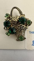 Vtg Thrifty Multi Green Rhinestones Flower Basket Gold Tone Brooch - $16.78