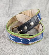 Womens Belt 38 Blue Green Cotton Tapestry Distressed Boho Hippie Vintage Leather - £22.27 GBP