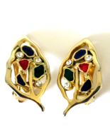 Vintage Gold Tone Leaf Clip On Earrings Rhinestone Enamel Red Green Blue - £11.04 GBP