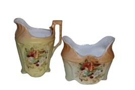 Vintage Creamer &amp; Sugar Bowl Made In Czechoslovakia Yellow Beige Floral Square - £11.21 GBP