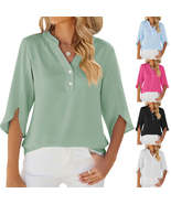 Button V-neck Mid-sleeve Chiffon Shirt Solid Color Top Womens Clothing - £7.80 GBP+