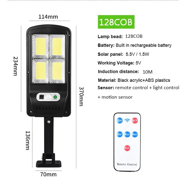 2PCS 128COB Solar LED Street Light Waterproof Motion Sensor Smart Remote Control - £77.57 GBP