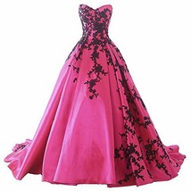 Beaded Gothic Black Lace Long Ball Gown Satin Prom Evening Dresses Fuchsia US 12 - £140.49 GBP