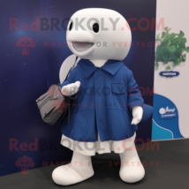 Navy Beluga Whale mascot costume character dressed with a Cardigan and Shoe clip - £1,066.29 GBP