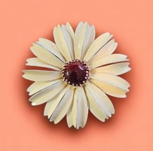 Vintage Retro Daisy Pin Flower Brooch 60s 70s Cream Brown Enamel Metal 3” - £31.14 GBP