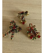 Lot of 3 Holiday Pins Brooches Candy Canes Bells Ribbons Beautiful - $380.13 MXN