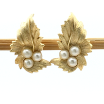SARAH COVENTRY faux pearl clip-on earrings - vintage gold-tone leaves de... - £18.13 GBP