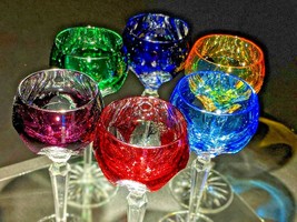 Faberge Colored Crystal Lausanne Hock Glasses. 8 1/2" H x 3 1/4" W - $1,450.00