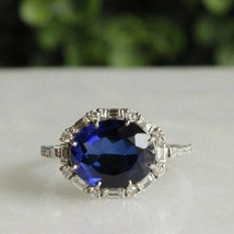 Ladies Diamond Ring, Blue Sapphire Gemstone Ring, Oval Shaped Ring, 10K Solid Go - £466.66 GBP