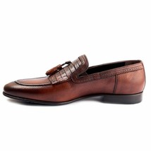 Handmade Men&#39;s Genuine Brown Leather Loafers &amp; Slip Ons Tassles Formal Shoes 201 - £113.24 GBP