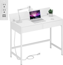 Treocho Computer Desk 39.4&quot; Study Writing Table With Usb For, White Metal Frame - £132.88 GBP