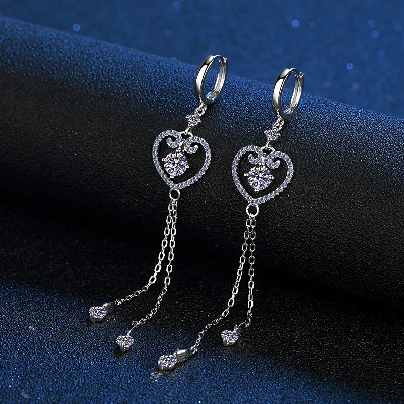 925 Sterling Silver Heart Tassel Earrings 1 Carat Round Cut Moissanite Lab Diamo - £58.31 GBP