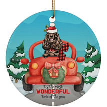 Cute Cocker Spaniel Dog Ride Car The Most Time Of Year Christmas Circle Ornament - $19.75