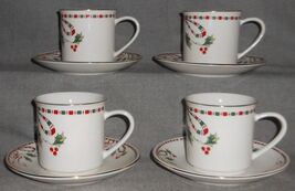 Set (4) Home Essentials TARTAN RIBBON PATTERN Cups and Saucers HOLIDAY C... - $23.75