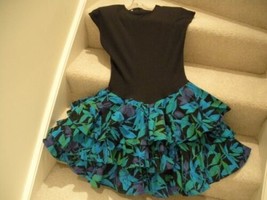 Ladies Dress Size 11 Blue Green Floral Tiered Ruffle Bottom on Black by ... - £30.88 GBP