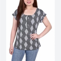 NY Collection Women&#39;s Black/White Geometric Short Extended Sleeve Zip Blouse LP - £17.56 GBP