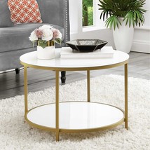 Modern 2-Tier Glass Coffee Table with Storage Shelf Gold White Contemporary - $161.36