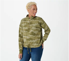 AnyBody French Terry Pullover Quarter Zip w/ Tie String (Olive Camo, S) A392544 - £17.23 GBP