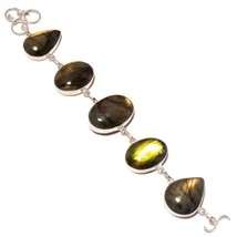 Yellow Flash Labradorite Cabochon Gemstone 925 Silver Overlay Handmade Bracelet - £18.34 GBP