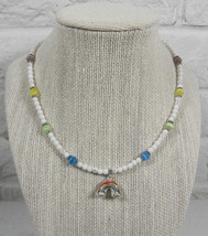 Rainbow Necklace Cat Eye White Glass Daisy Spacer Ceramic Girls Handmade - £13.37 GBP