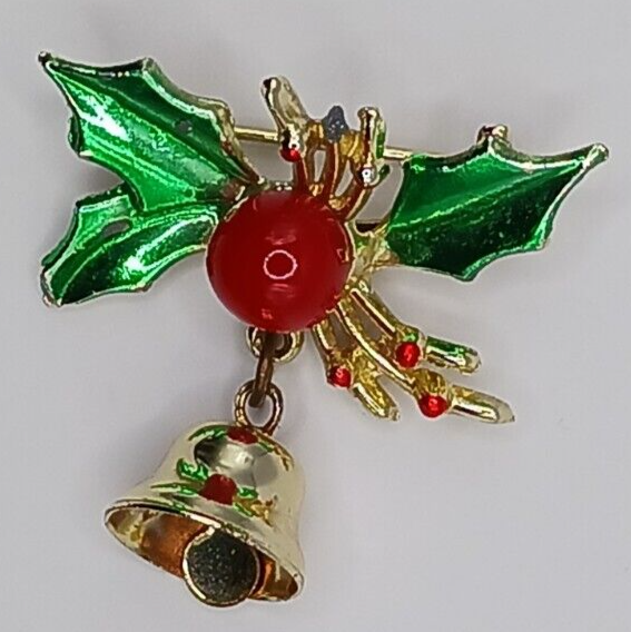 Primary image for Holly Berry Christmas Bell Pin Brooch Vintage Metal