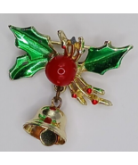 Holly Berry Christmas Bell Pin Brooch Vintage Metal - £10.79 GBP
