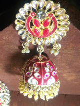 Indian Joharibazar GoldPlated Kundan Earring Jhumka Tikka Tika Jewelry Set Maroo - £21.10 GBP