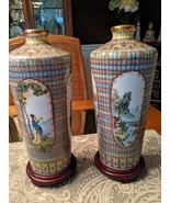 Vintage 11.5&quot; Chinese Gu Yue Xuan Vases Pair w/ Wood Stands, Fancy Boxes - $260.00