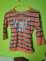 Top Shirt Orange Striped Butterfly Sequins One Step Up - $15.68